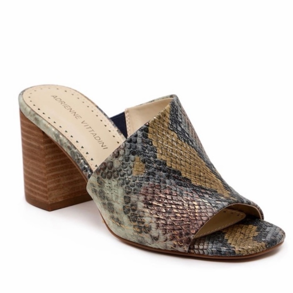 Adrienne Vittadini Snake Print Block Heel Mules